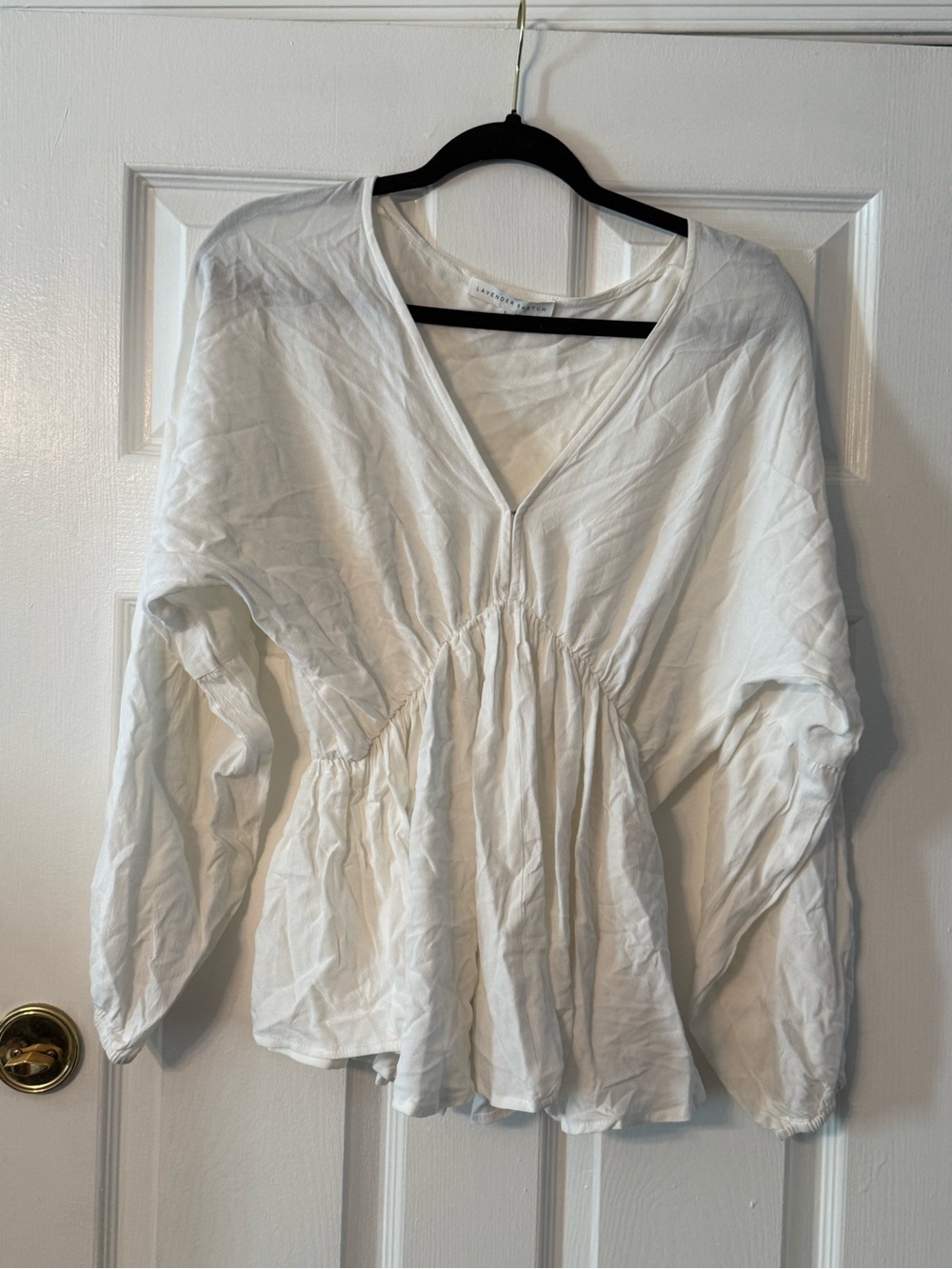Lavender Sketch White V-Neck Gathered Peplum Blouse